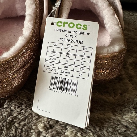 NWT Crocs Kids Classic Lined Clogs Rose Gold Glitter J4 - Picture 2 of 3